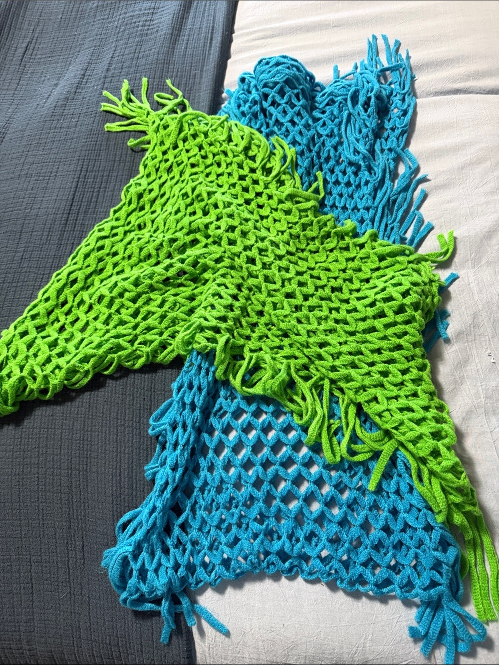 Vibrant Green and Blue Open-Knit Fringe Infinite Women's Scarf